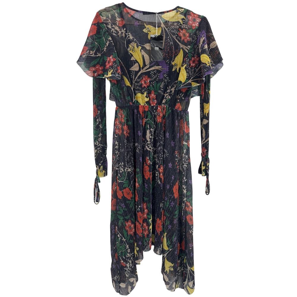 ZARA collection shiny pleated long sleeve ruffle shoulders floral dress size S - Picture 3 of 11